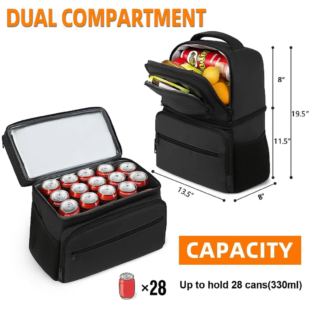 Black dual-compartment insulated cooler backpack open to show space for 28 cans.