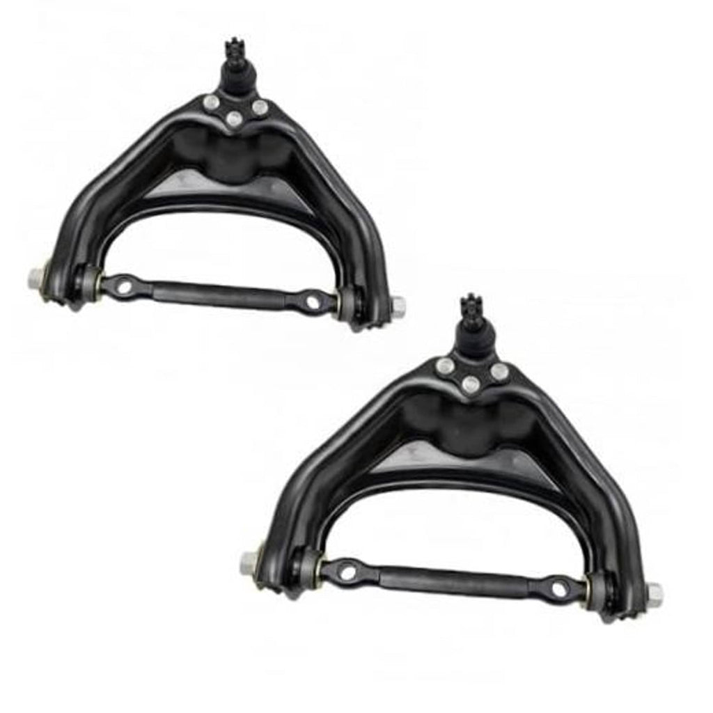 Two front upper control arms with ball joints and mounting points, black metal