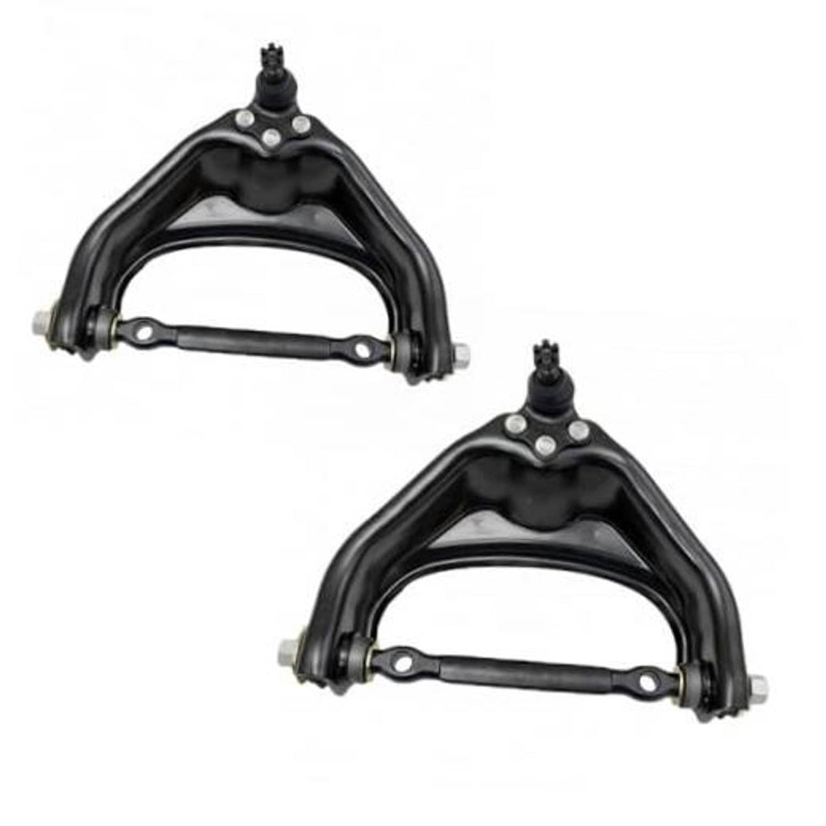 Two front upper control arms with ball joints and mounting points, black metal