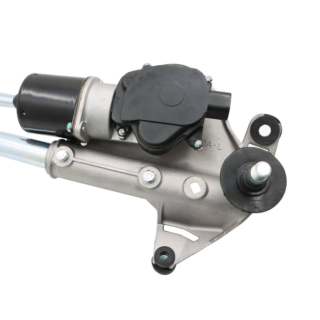 Windshield wiper linkage assembly with motor, close-up of black motor housing on gray bracket