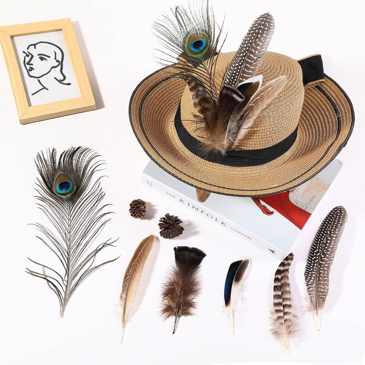 Assorted feather set featuring peacock-eye and striped feathers arranged around a straw hat