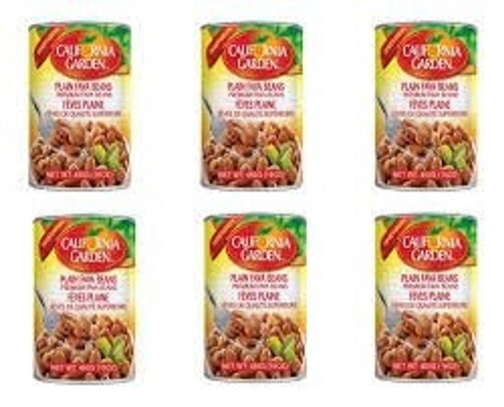 Six-pack of California Garden plain fava beans cans with red label tops