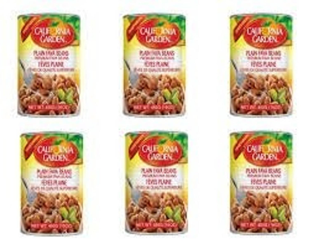 Six-pack of California Garden plain fava beans cans with red label tops