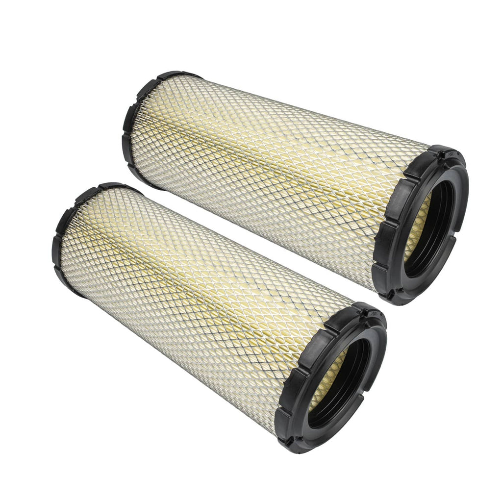 Pair cylindrical air filters lying side by side with black end caps