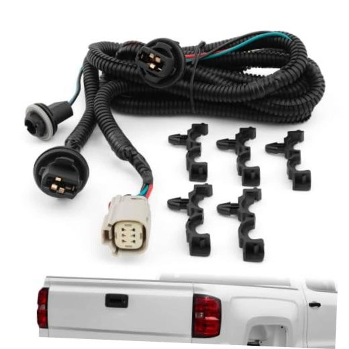 Black tail light wiring harness with round connectors, beige multi-pin plug, and mounting clips