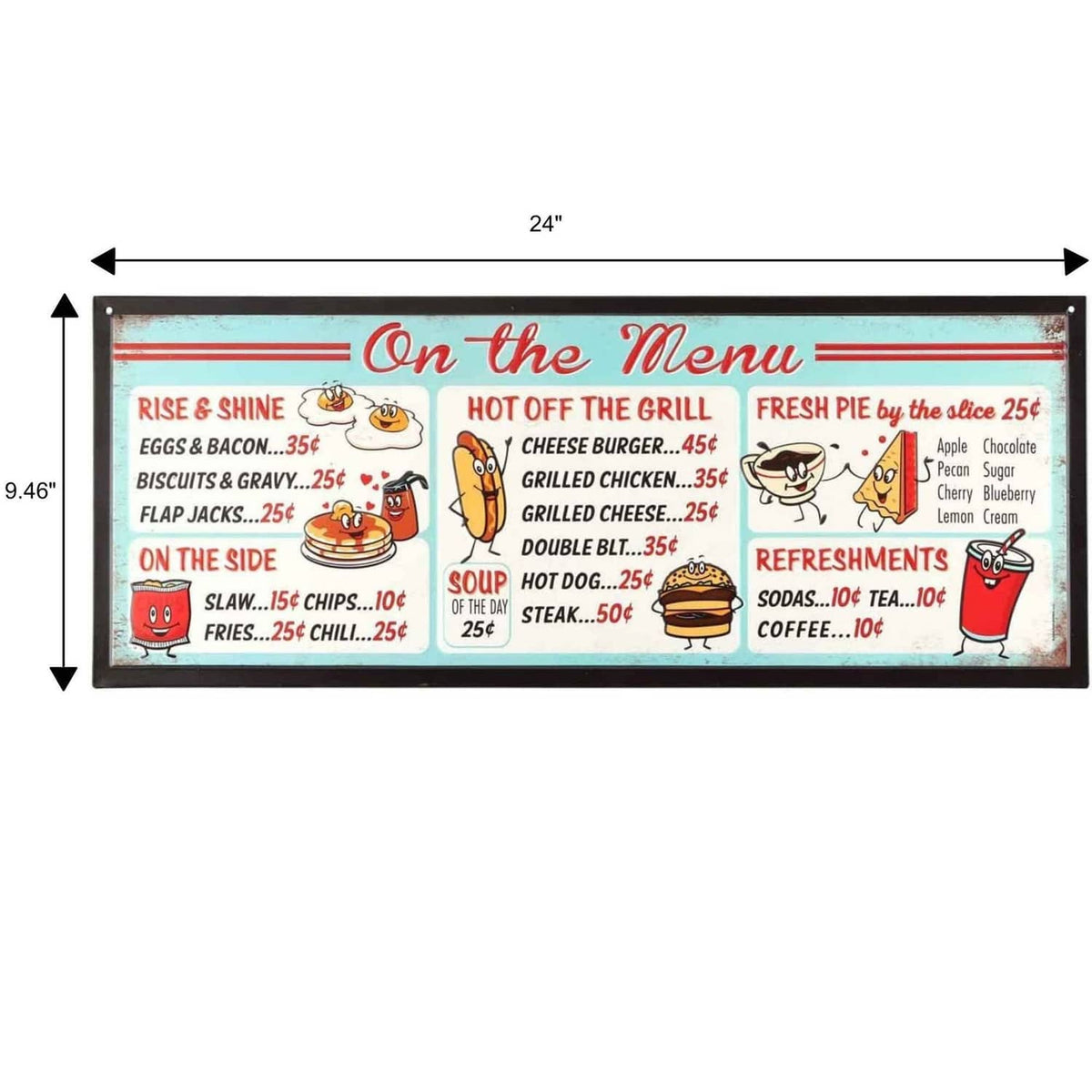 On-the-Menu embossed metal sign, 24 in wide and 9.46 in high, diner menu layout