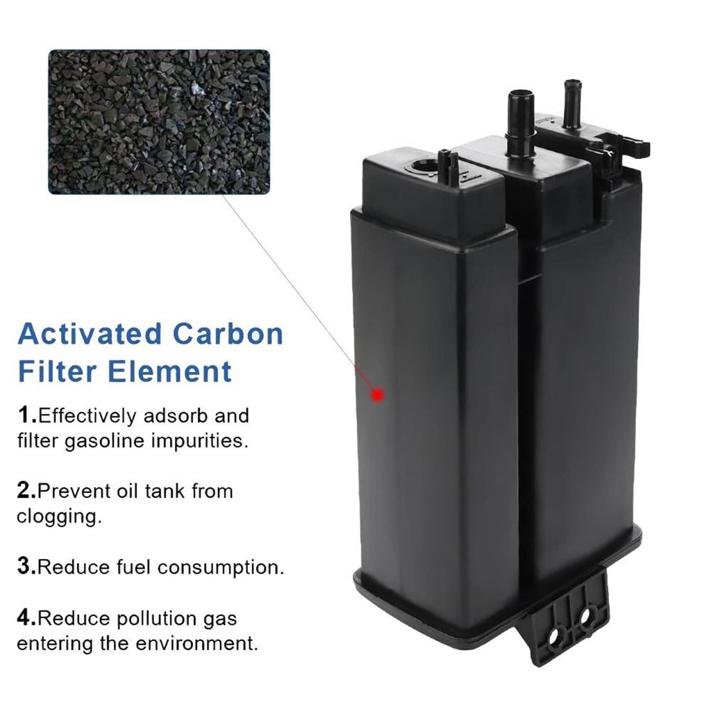 Black fuel vapor canister with two tube outlets and base mounting holes