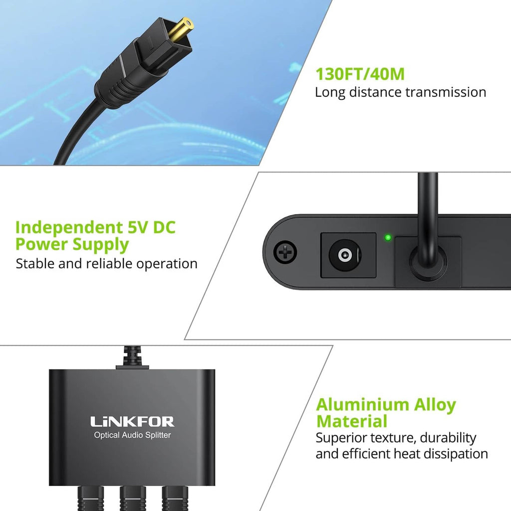 Optical audio splitter rear panel with DC power input and Toslink port openings