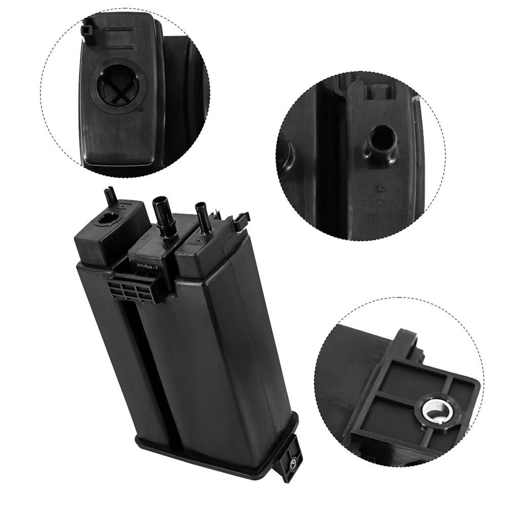 Black fuel vapor canister with circular top port and side connector openings