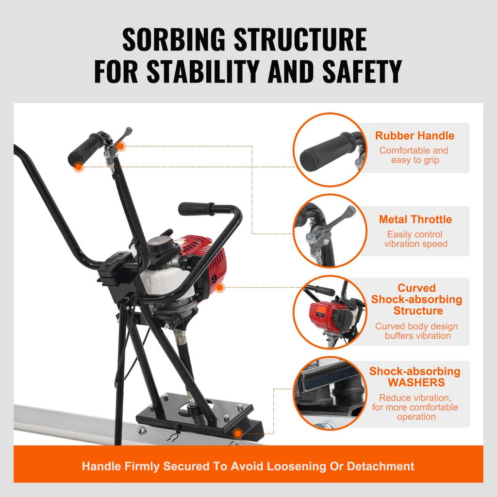 Concrete finishing power float with rubber grip handles and red recoil gas engine