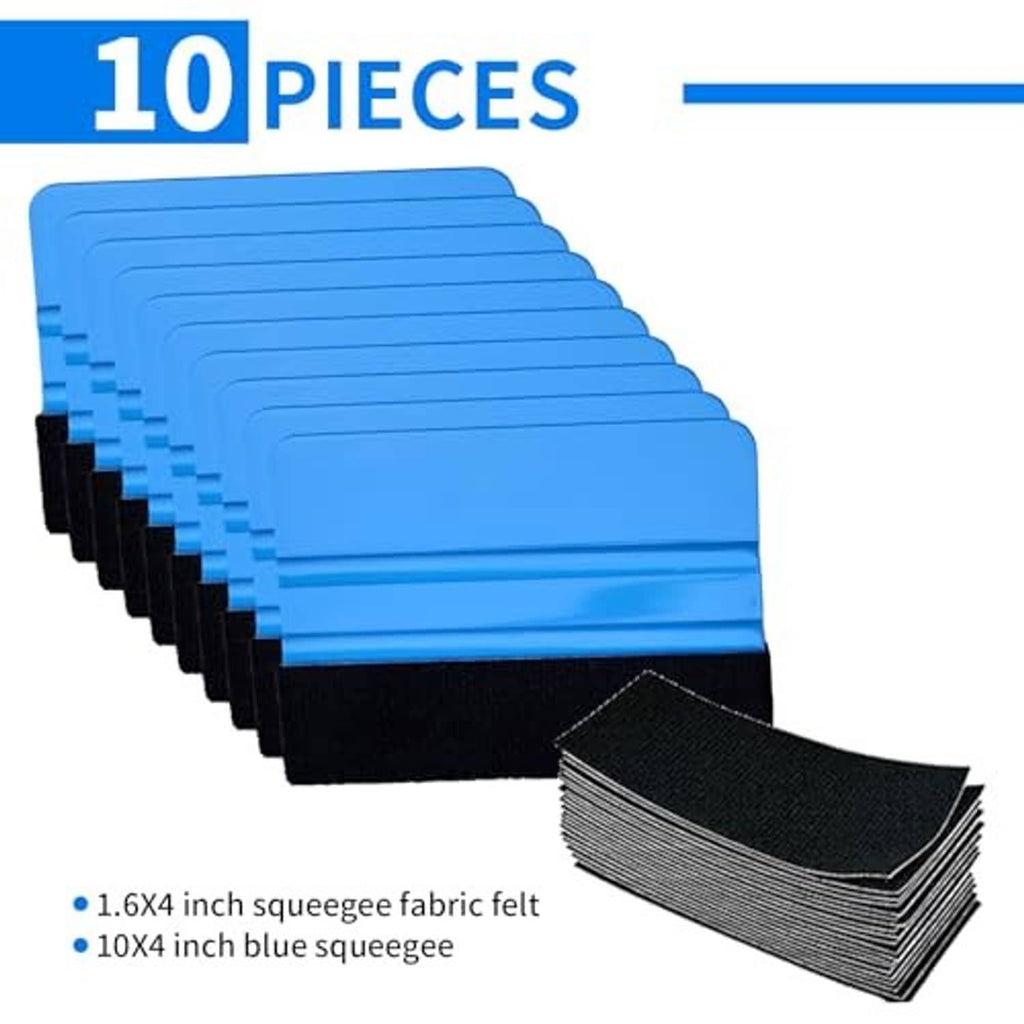 10-piece vinyl wrap squeegee set, blue scrapers with black felt edges, stacked