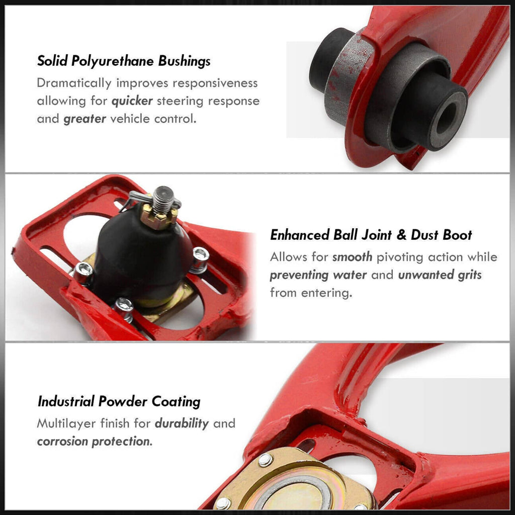 Red control arms featuring solid polyurethane bushings and enhanced ball joint dust boots