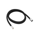 Black braided pull-down faucet hose with metal spray head connectors, flexible and durable.