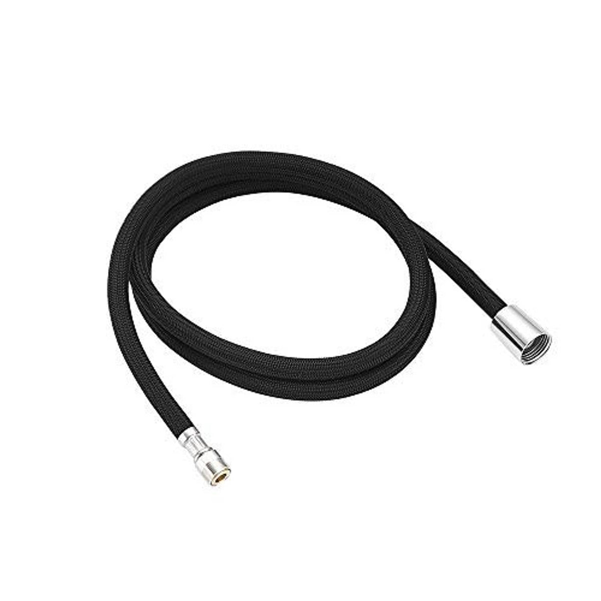 Black braided pull-down faucet hose with metal spray head connectors, flexible and durable.