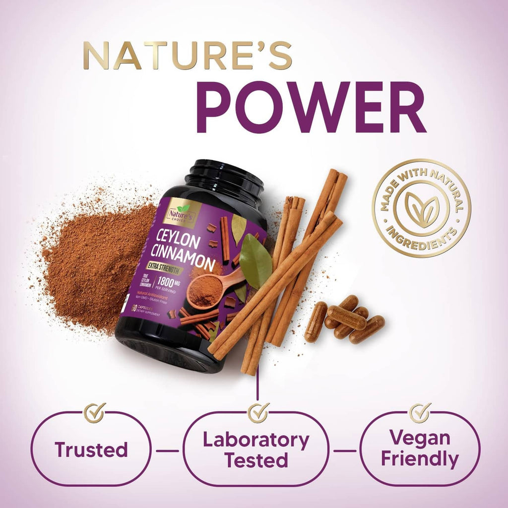 Ceylon cinnamon capsules bottle with cinnamon powder, sticks, and vegan friendly badge.