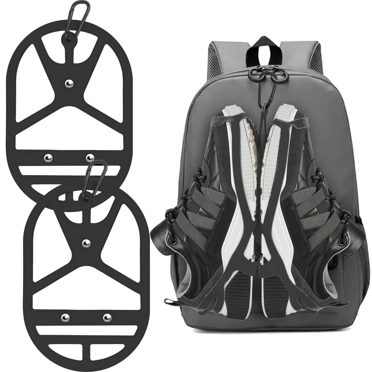 Shoe holster set with two black clips for backpack, hanging holder straps