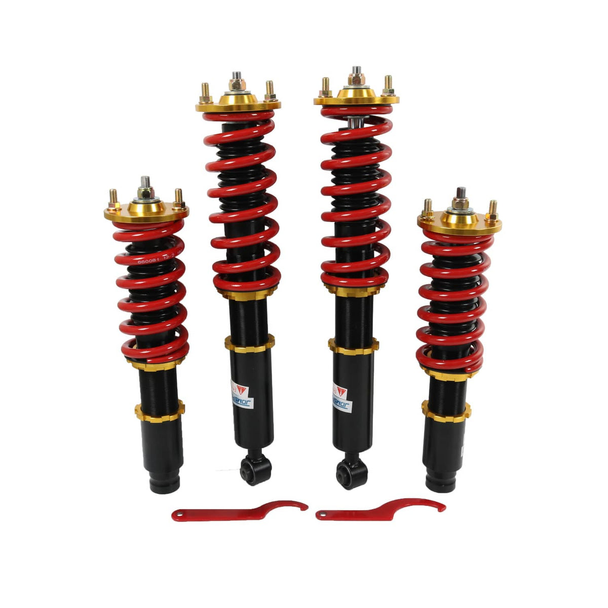 Four-piece coilover shock absorber set with red coil springs and gold top mounts