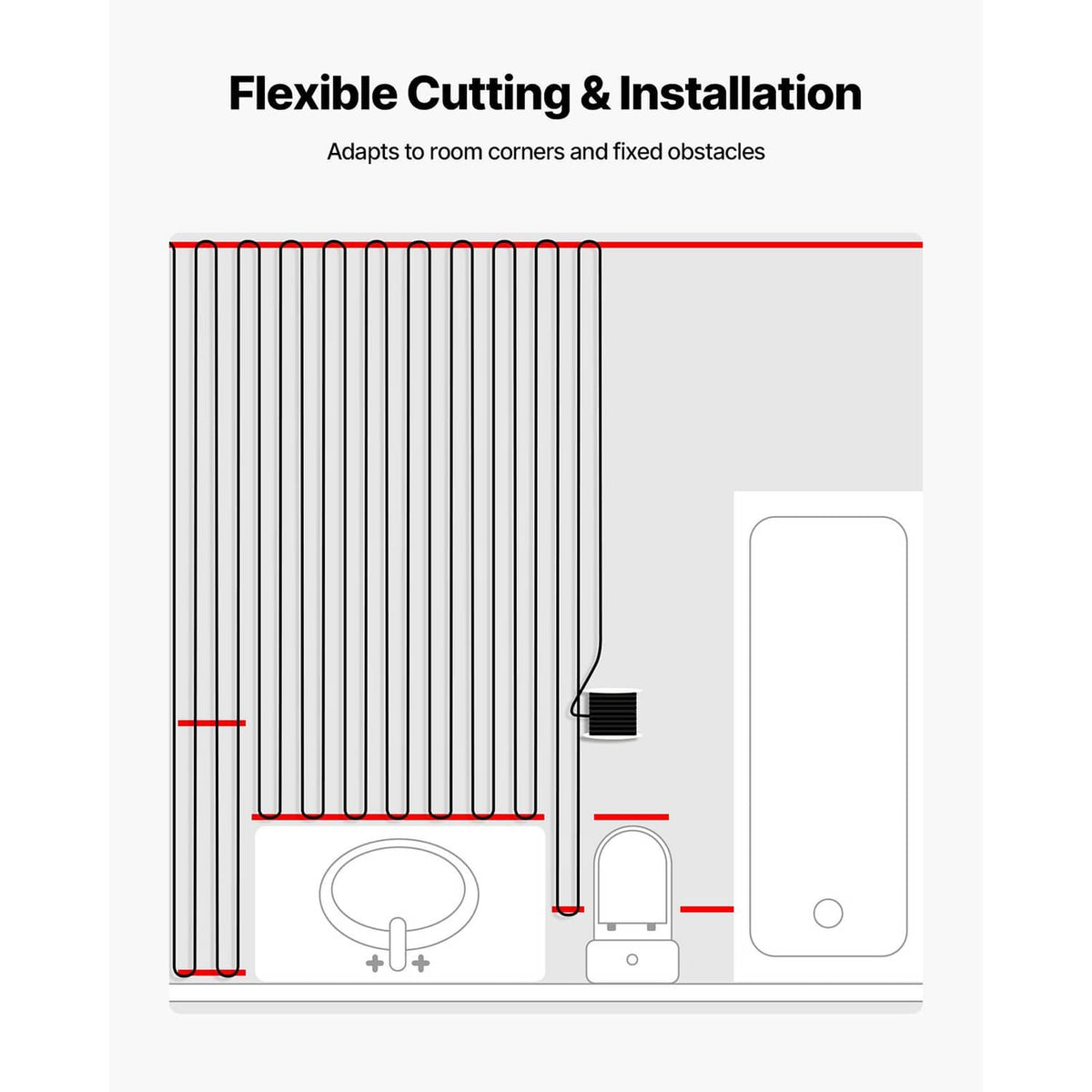 Flexible underfloor heating cable system diagram showing cutting-friendly layout