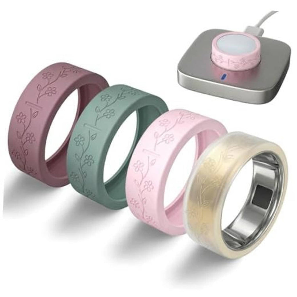 Set of four ultra-thin ring covers in mauve, teal, pink, and gold with floral prints