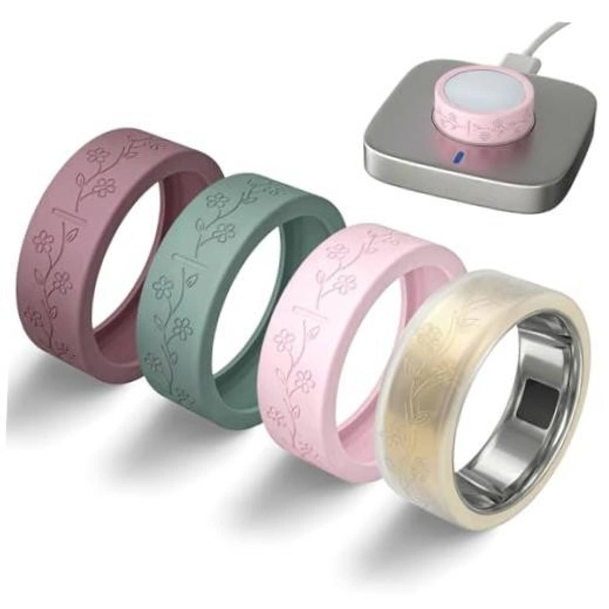 Set of four ultra-thin ring covers in mauve, teal, pink, and gold with floral prints