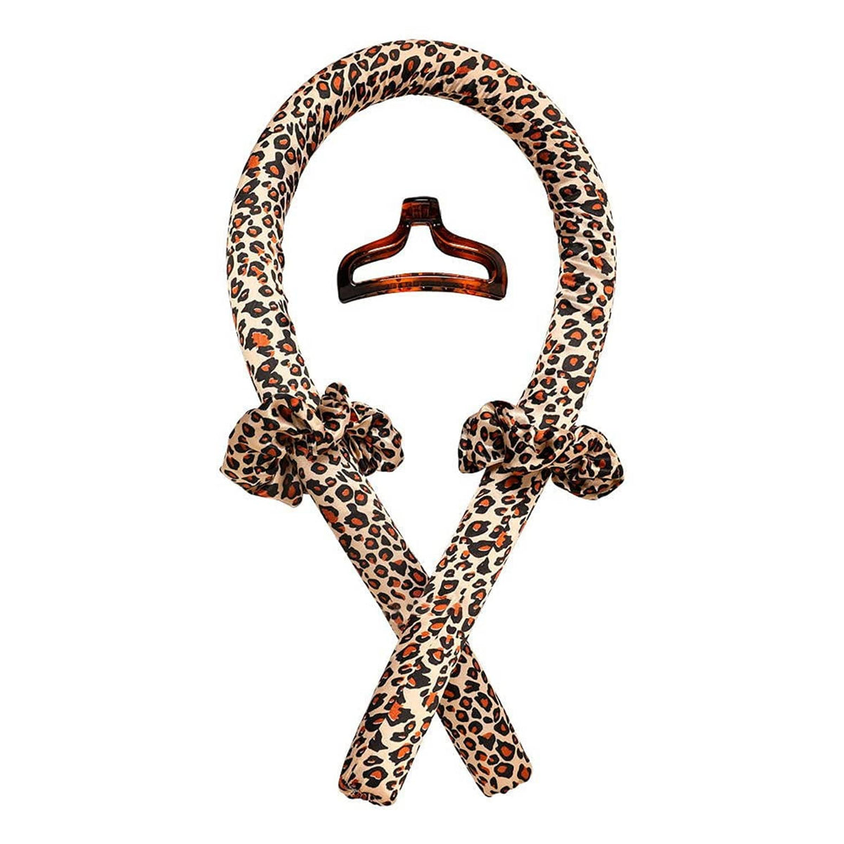 Leopard-pattern hair roller headband with ribbon bows and central plastic clip