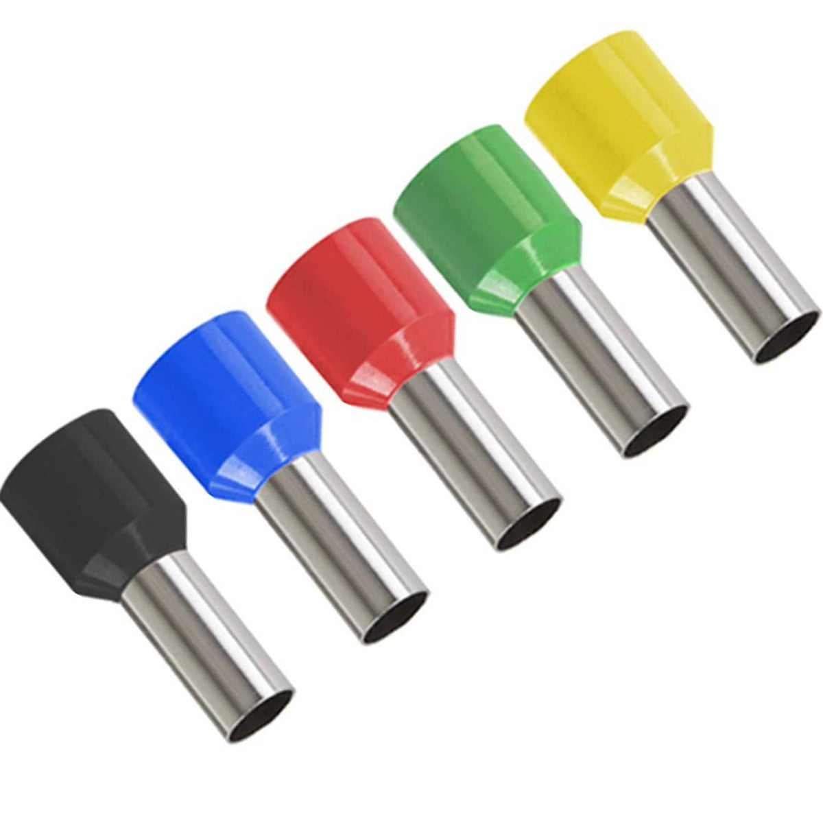 Color-coded insulated ferrule connectors with silver metal sleeves and plastic insulators