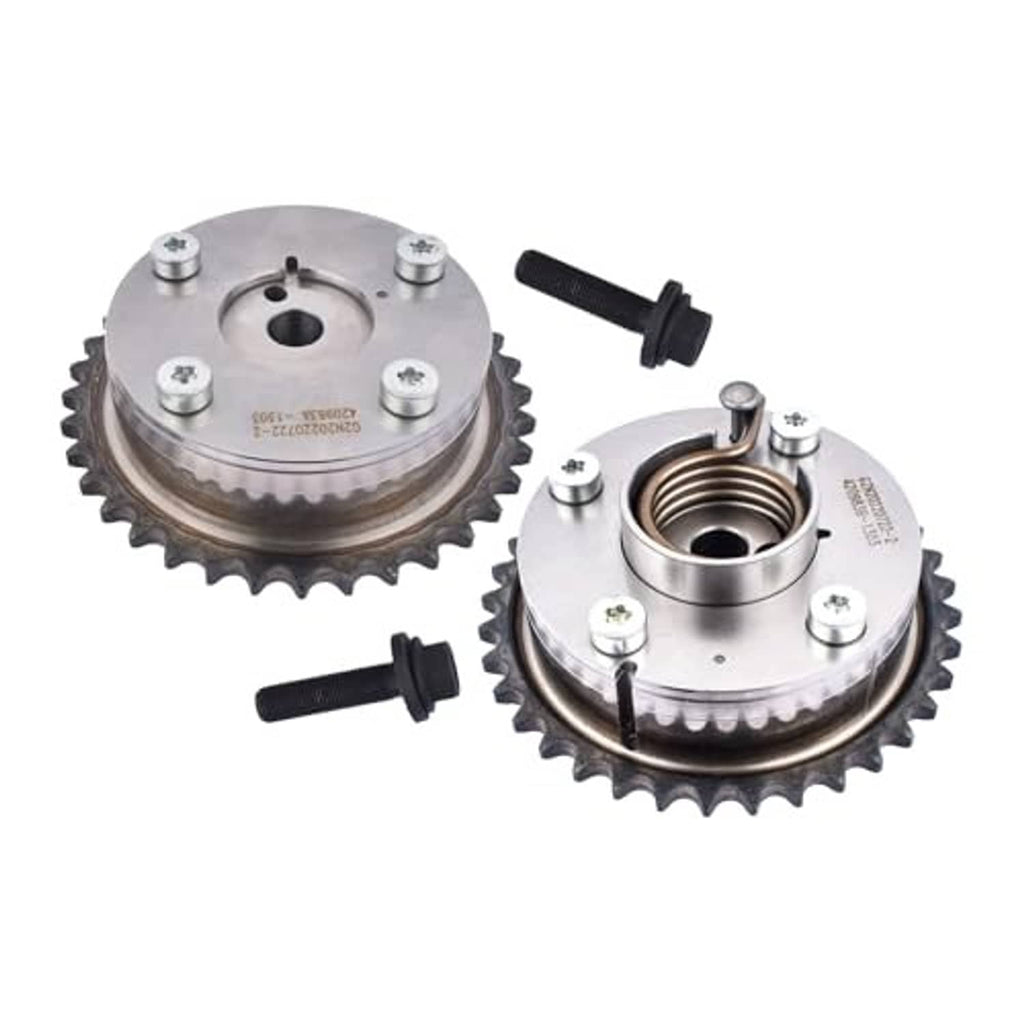 VVT camshaft sprocket gear pair with toothed metal sprockets and black bolt hardware
