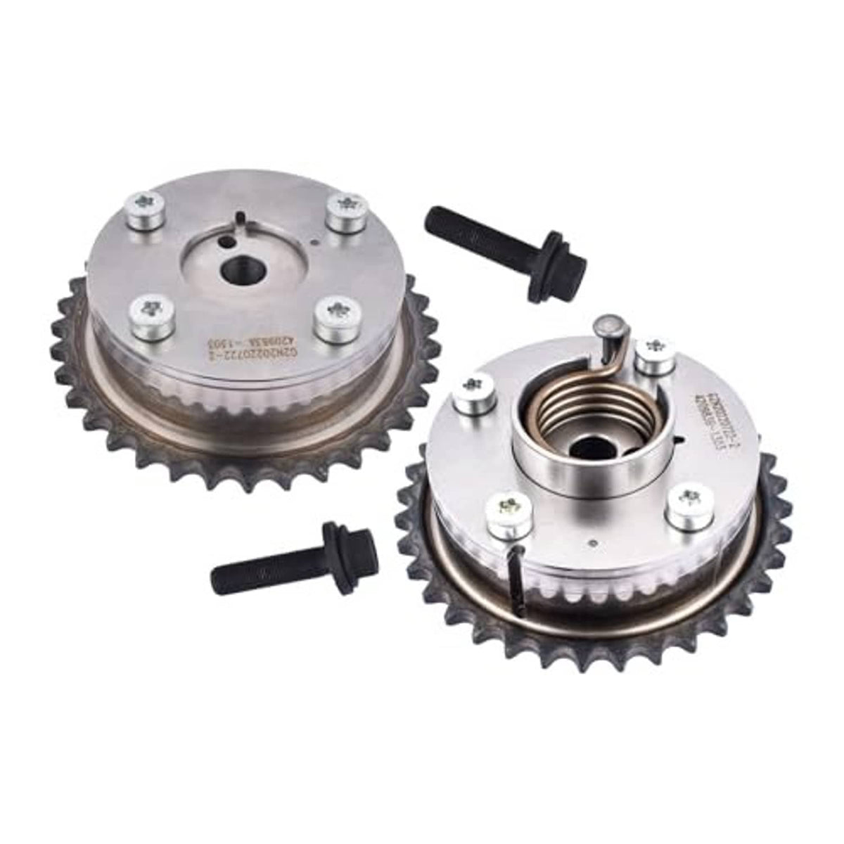 VVT camshaft sprocket gear pair with toothed metal sprockets and black bolt hardware