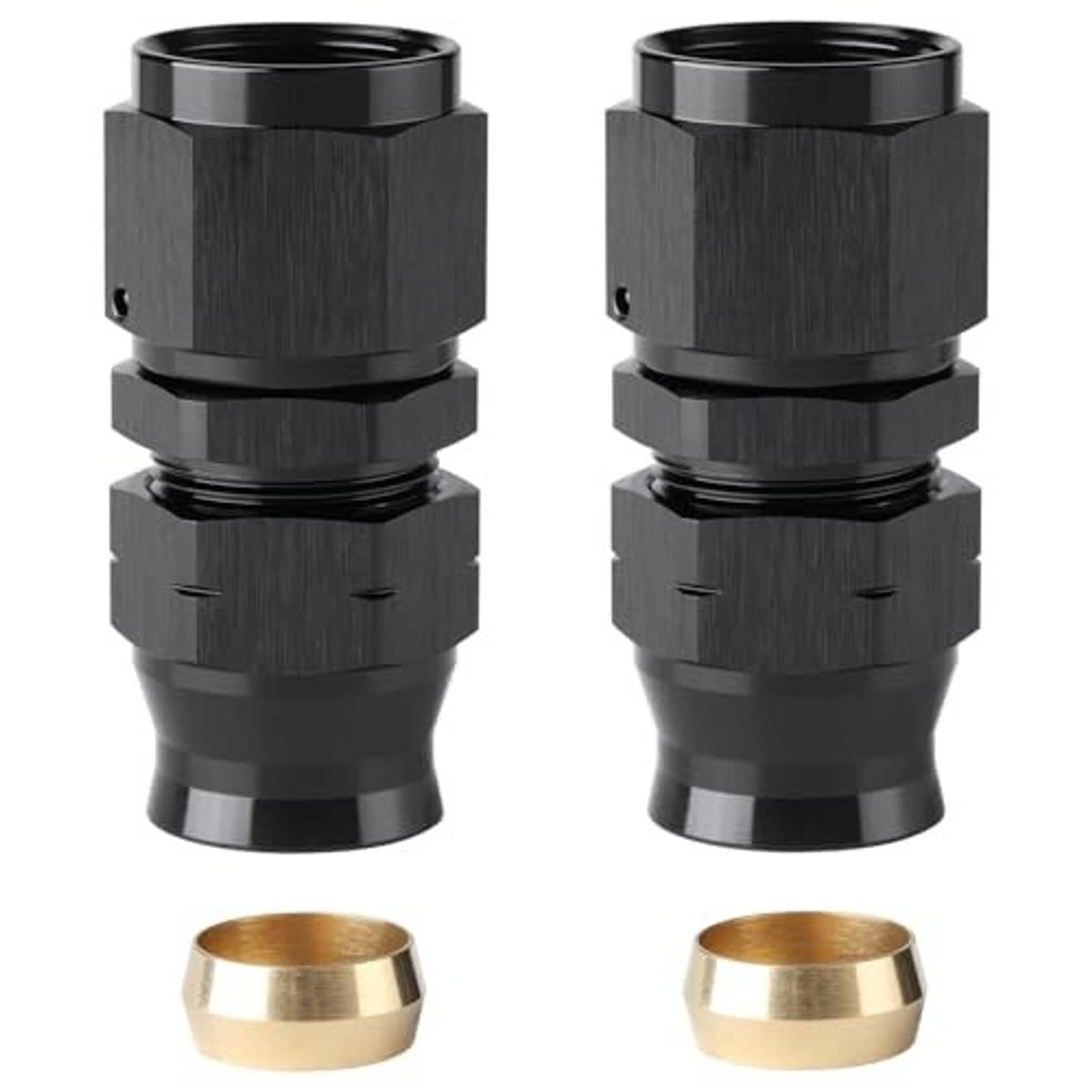 Black compression fitting pair with visible brass ferrules at the ends