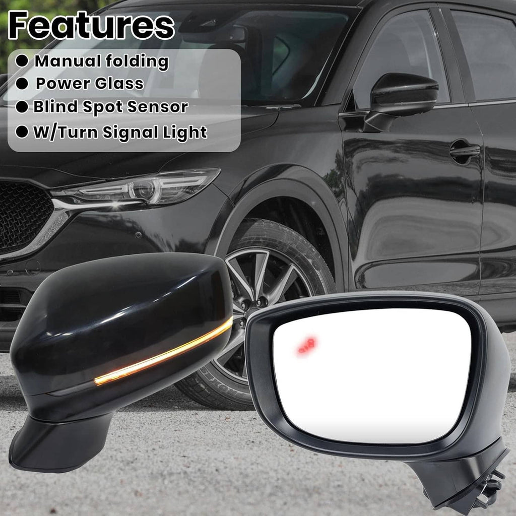 Black left side mirror with integrated turn signal strip and clear mirror glass