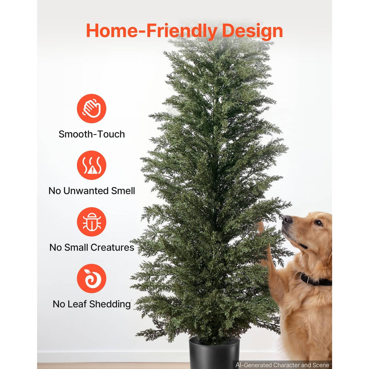 Artificial cedar topiary tree with dense green foliage in a dark pot