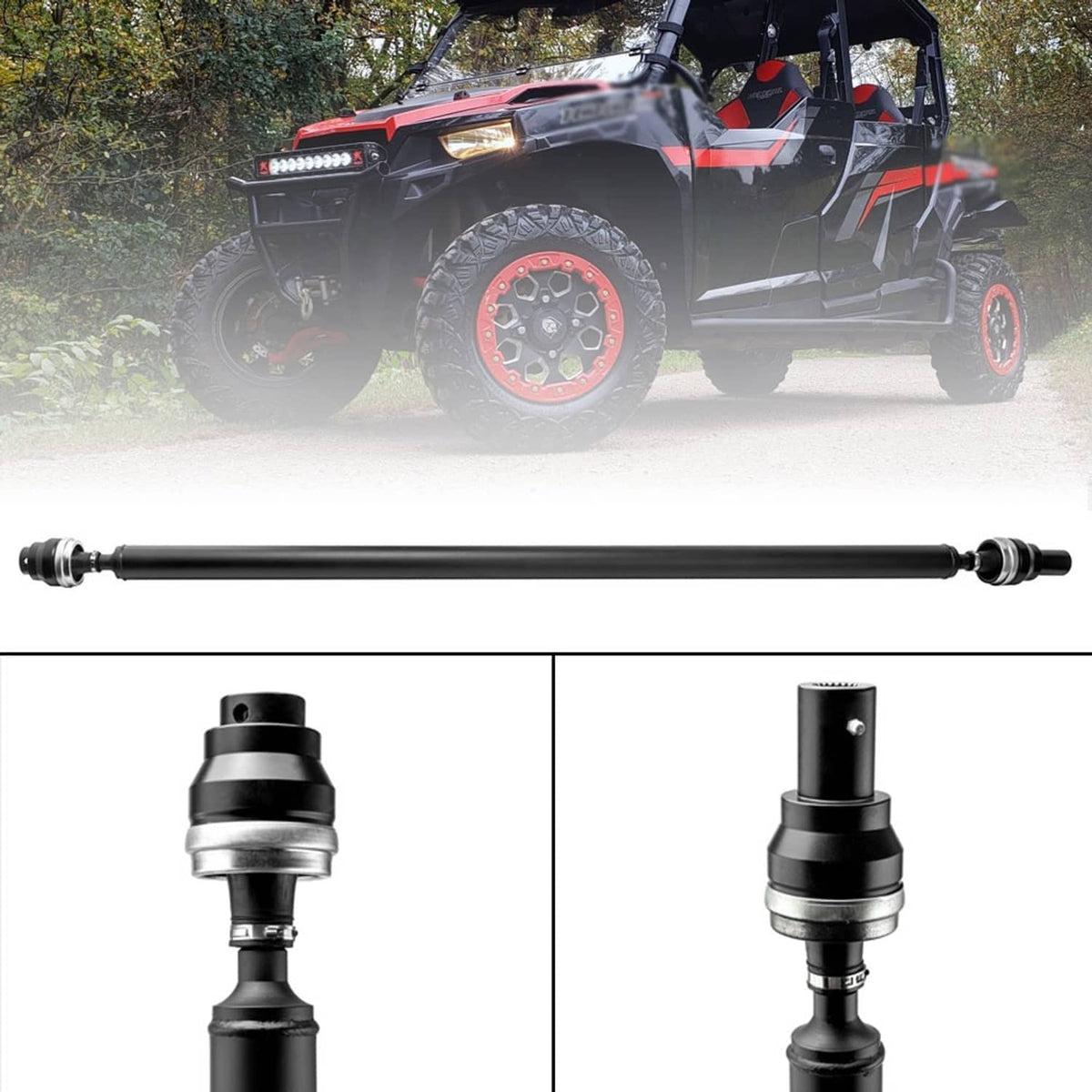 Front drive shaft with end fittings, side view plus close-up of coupler ends