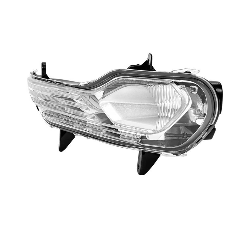 Driver-side LH front fog light lamp, clear lens with chrome reflector and black mounts