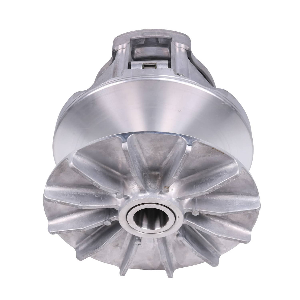 Silver primary drive clutch assembly angled view with central shaft bore and fins