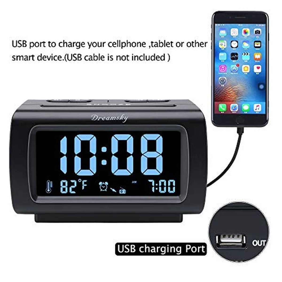 Black alarm clock radio with blue LED screen and USB charging connection