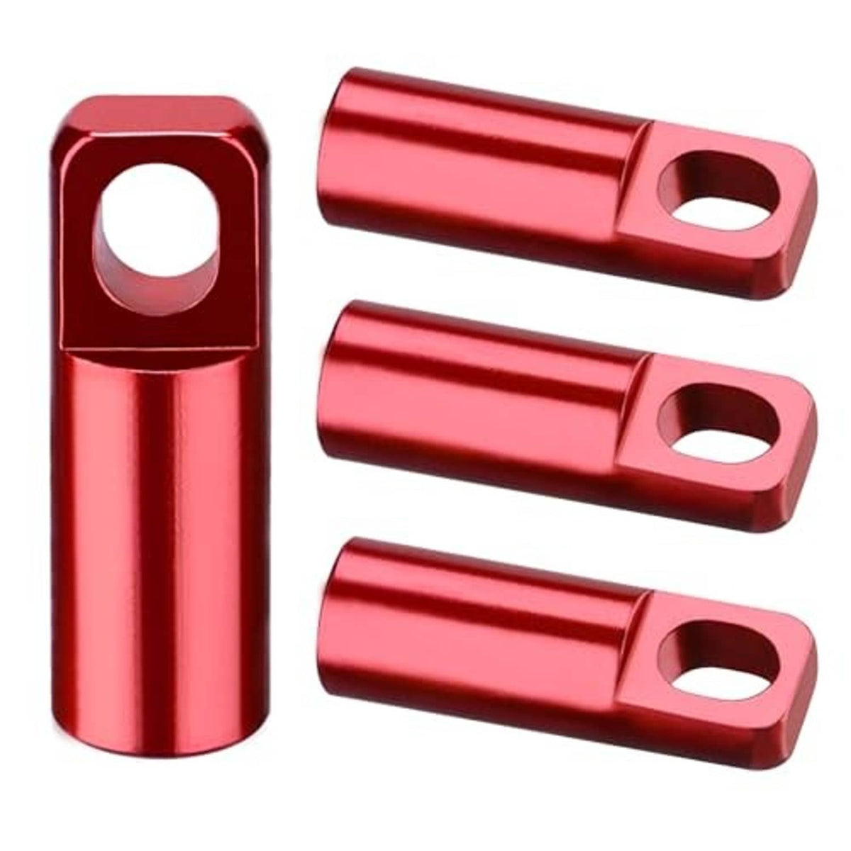 Four red Presta valve caps, square-hole design, aluminum finish