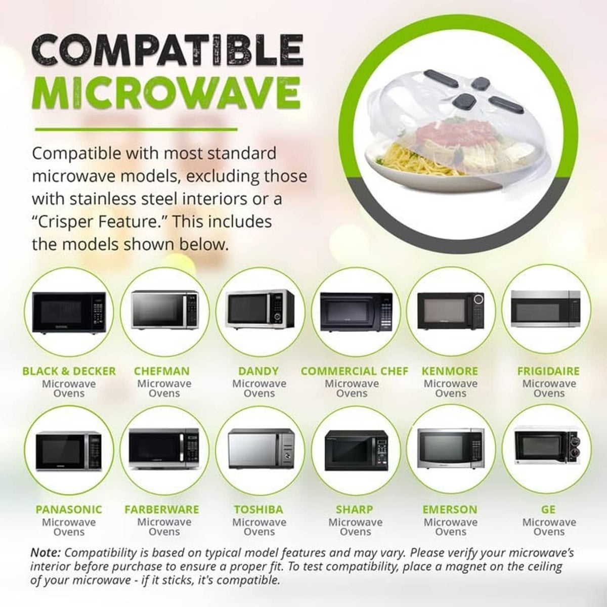 Microwave splatter cover with magnets, compatible microwave models shown on packaging