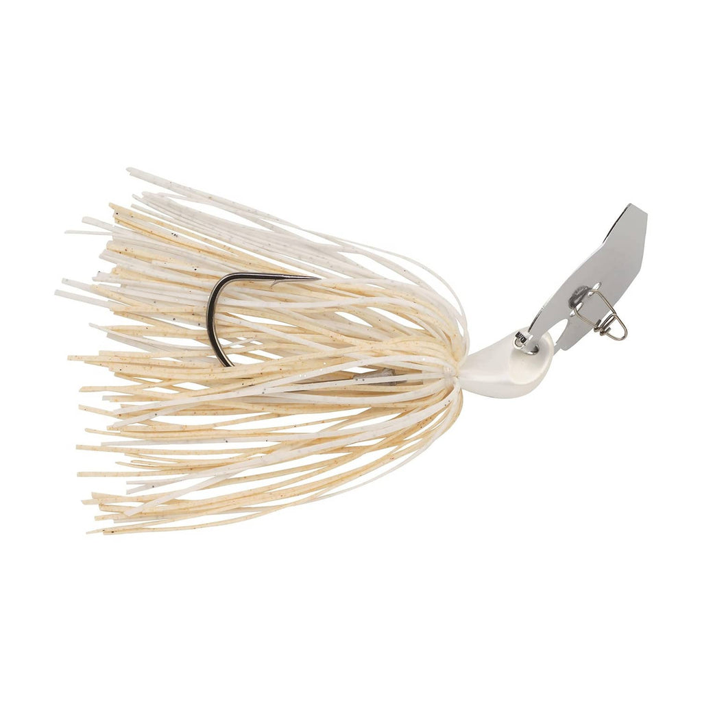 White bladed jig with black hook, metal blade head, and cream-white skirt strands