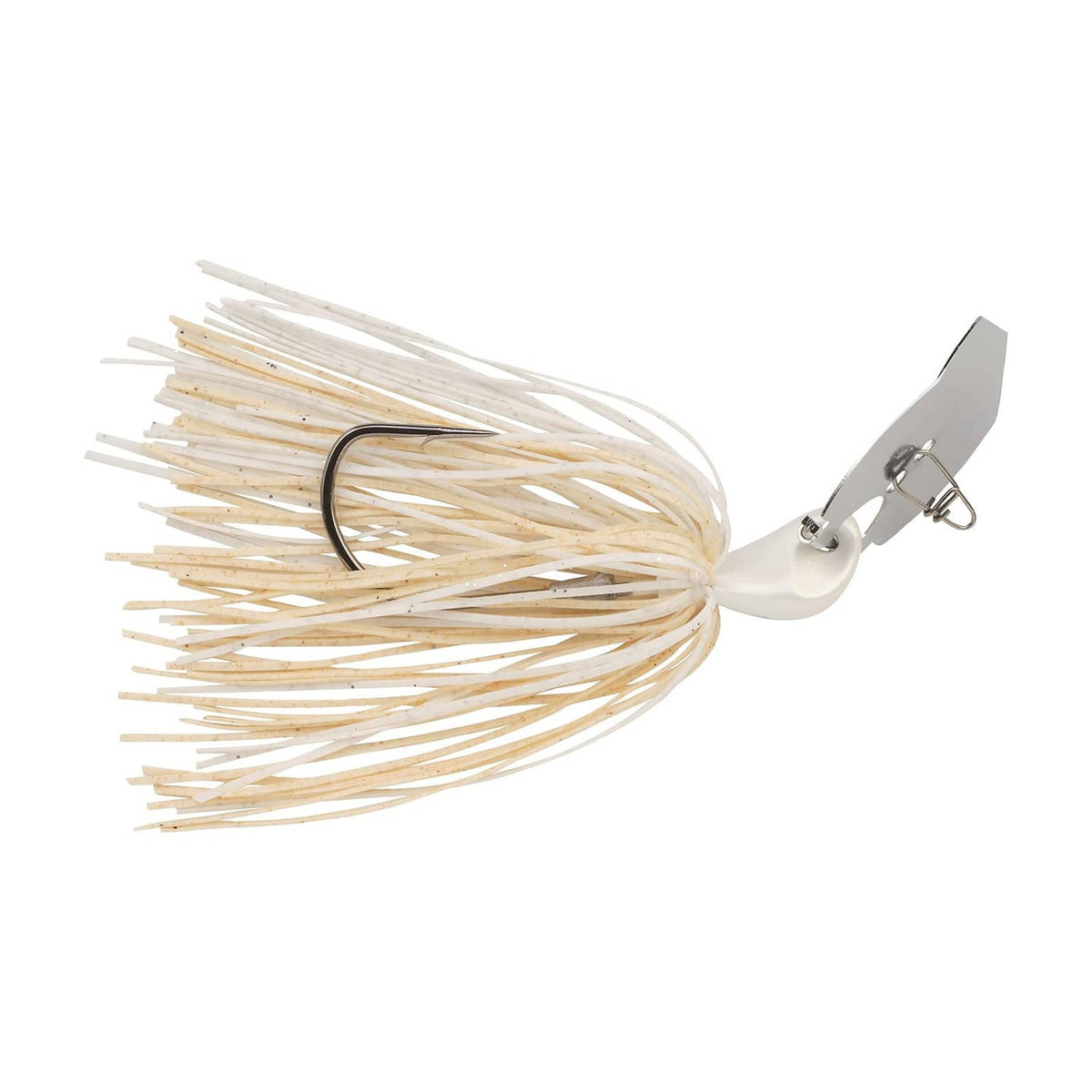 White bladed jig with black hook, metal blade head, and cream-white skirt strands