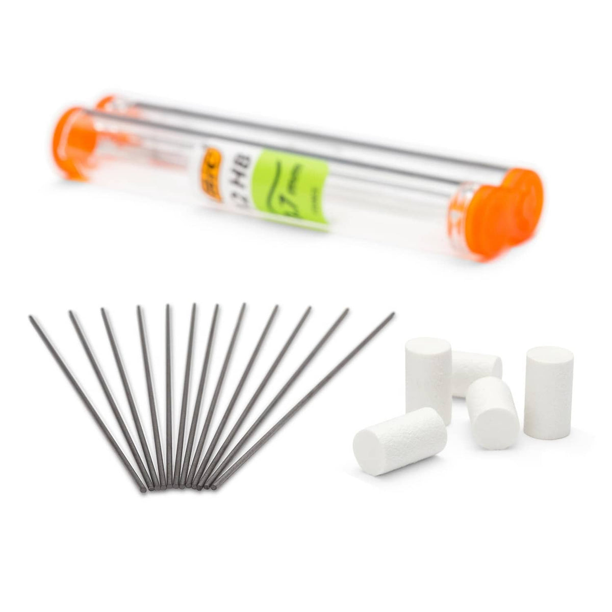 Mechanical pencil leads with eraser pieces and pen refill tube