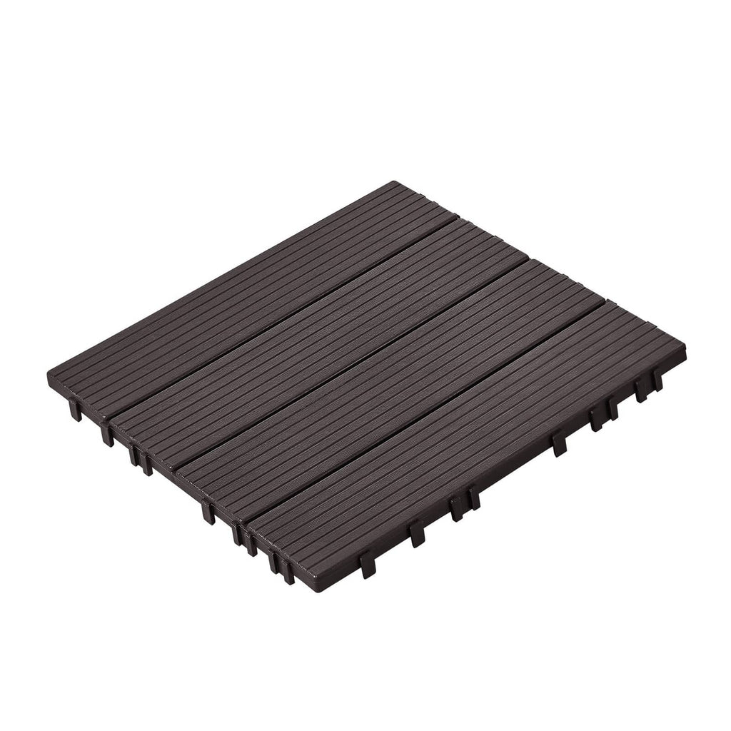 Interlocking deck tile, dark brown slatted surface with snap-in connectors