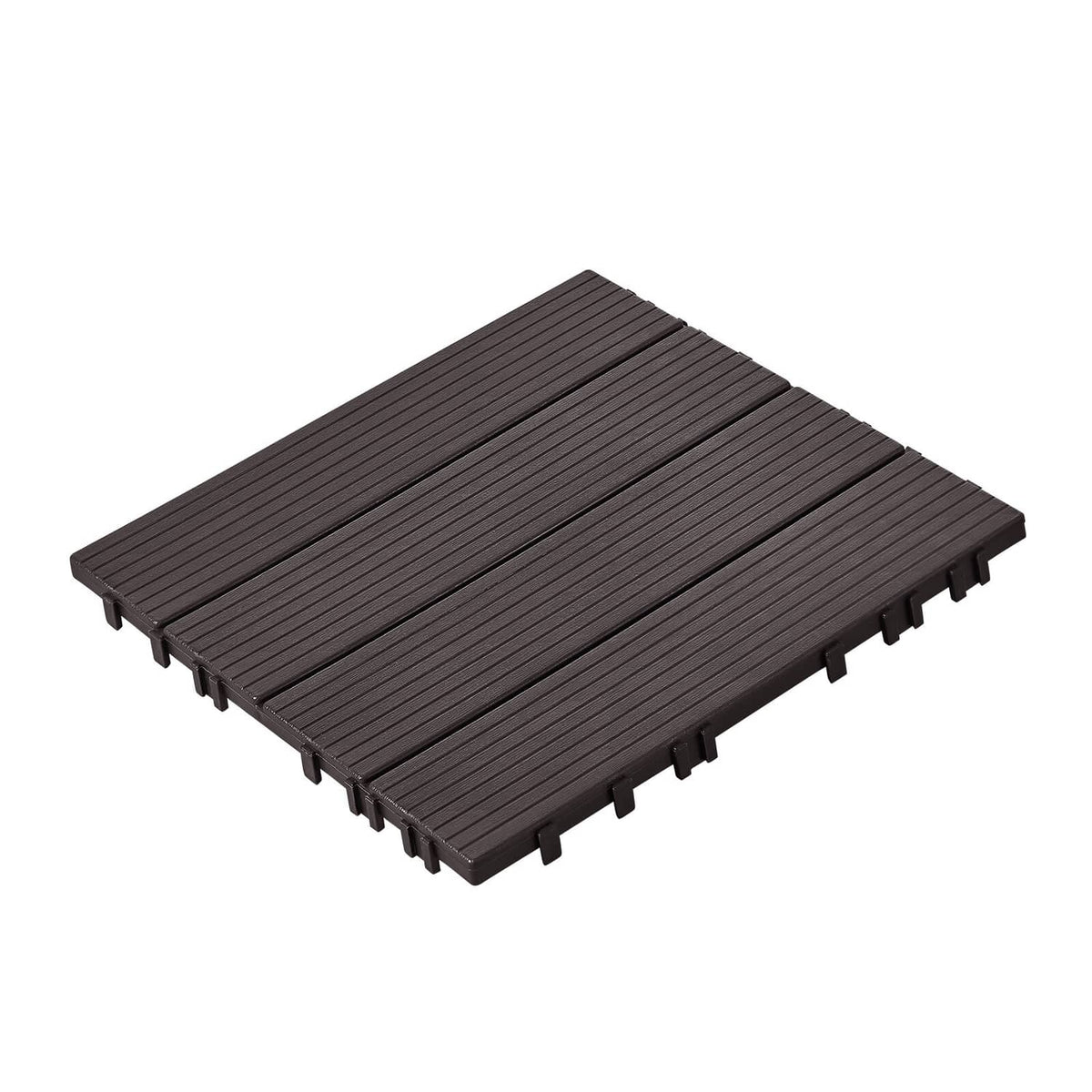 Interlocking deck tile, dark brown slatted surface with snap-in connectors