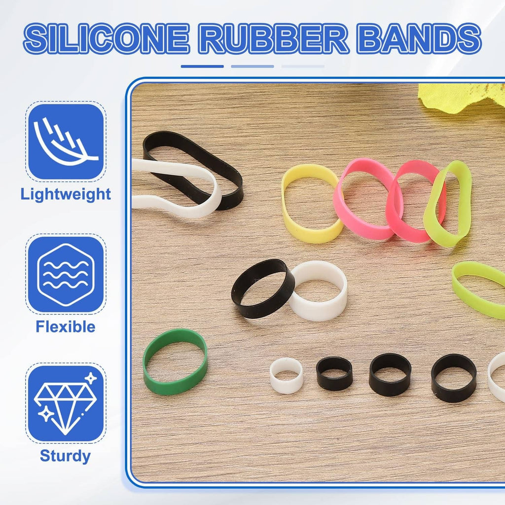 Silicone rubber bands set with flat loop ties, multiple colors on display