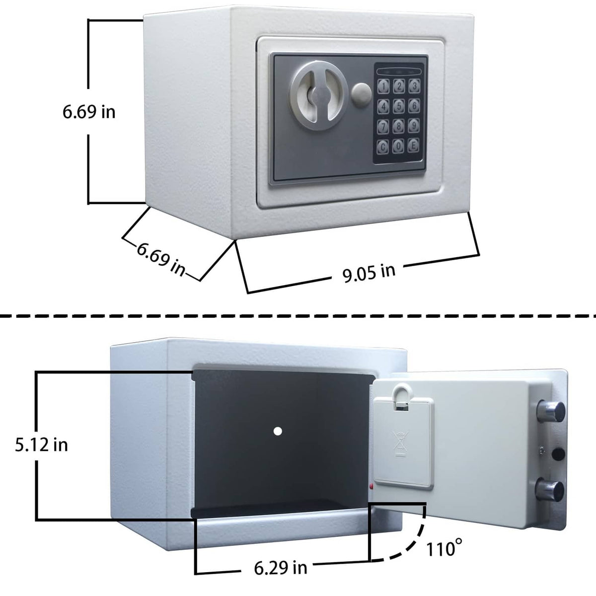 White electronic safe box with keypad lock, door open showing the interior