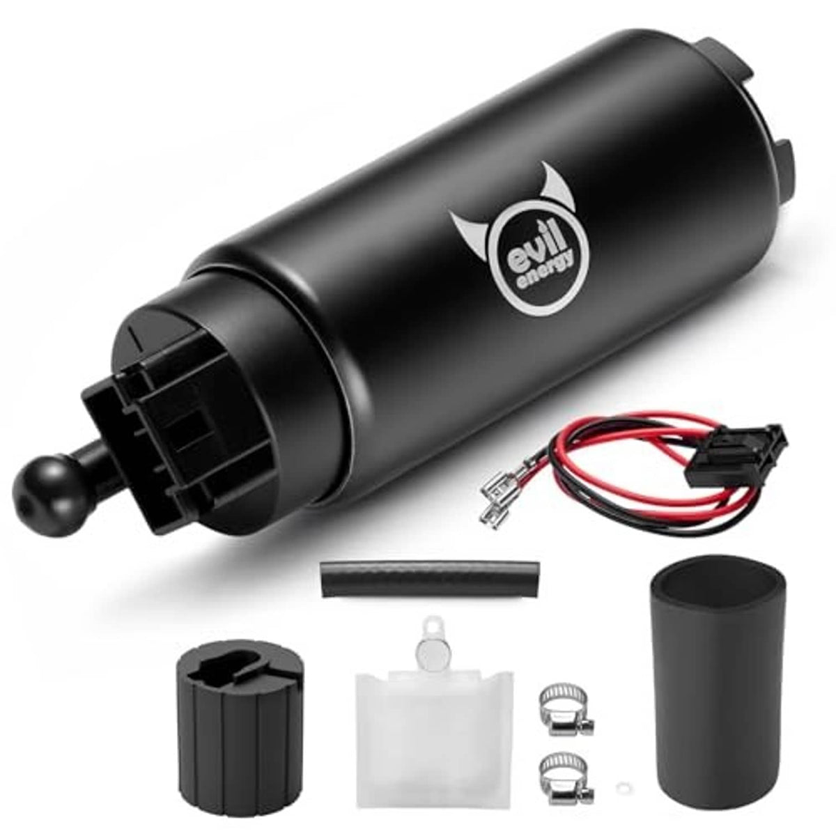 Electric in-tank fuel pump kit with black body, red wire harness, and outlet accessories
