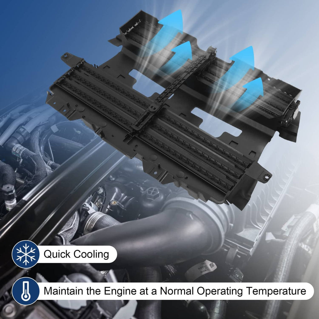 Black radiator shutter actuator mounted in engine bay near radiator hoses