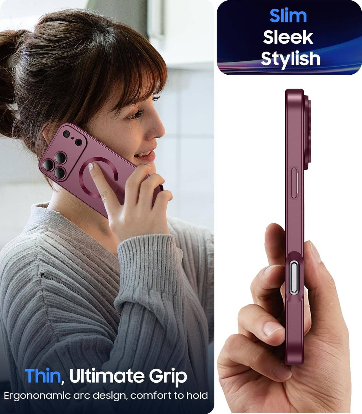 Burgundy slim iPhone case with side openings and camera cutouts, held by hand