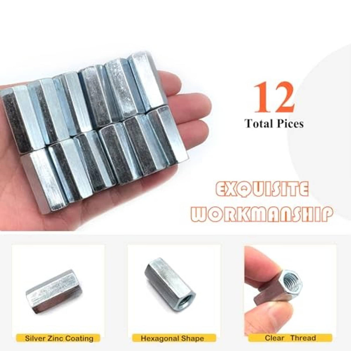 Row of silver 5/16-18 hex coupling nuts with clear internal threads, 12-piece