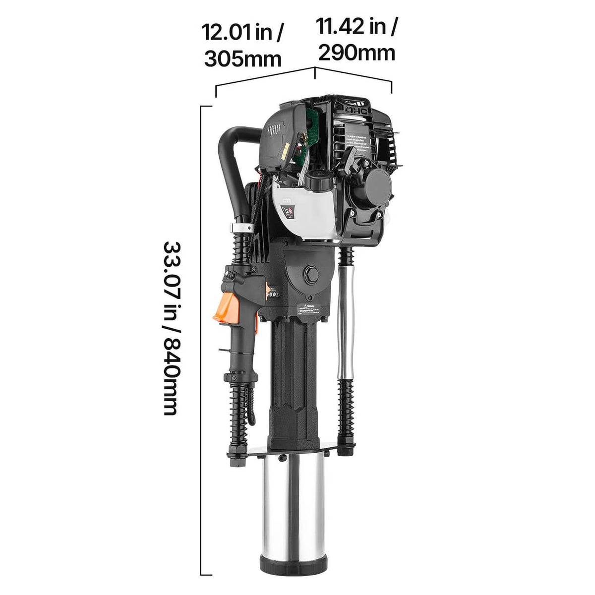 Gas T post driver with black engine housing, spring legs, and silver guide sleeve