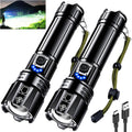 Pair of black rechargeable LED flashlights with blue LED indicator and wrist straps